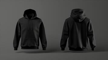 Fashion design, black hoodie, cotton fabric, back and front view display, minimalism. Generated by artificial intelligence. photo