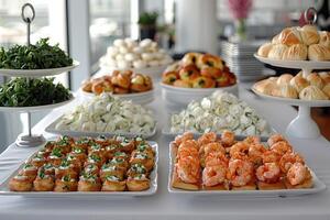 luxurious decoration of white tablecloths with lots of finger food prepared professional advertising food photography photo