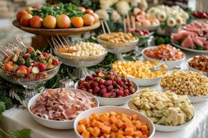 luxurious decoration of white tablecloths with lots of finger food prepared professional advertising food photography photo
