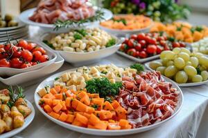 luxurious decoration of white tablecloths with lots of finger food prepared professional advertising food photography photo