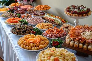 luxurious decoration of white tablecloths with lots of finger food prepared professional advertising food photography photo