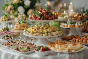 luxurious decoration of white tablecloths with lots of finger food prepared professional advertising food photography photo