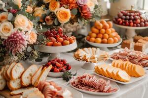luxurious decoration of white tablecloths with lots of finger food prepared professional advertising food photography photo