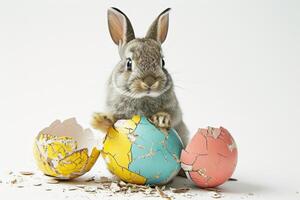 A rabbit wearing a cute shirt emerges from the big egg with beautiful colorful shells on a white background. photo