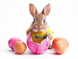 A rabbit wearing a cute shirt emerges from the big egg with beautiful colorful shells on a white background. photo