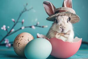 A rabbit wearing a hat and bow tie emerges from the egg with beautiful colorful shells on a flat color background. photo