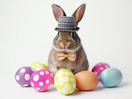 A rabbit wearing a hat and bow tie emerges from the egg with beautiful colorful shells on a flat color background. photo