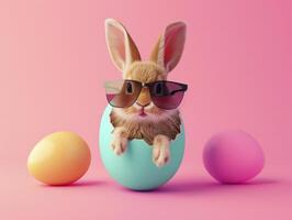 A rabbit wearing a sunglasses emerges from the big egg with beautiful colorful shells on a flat color background. photo