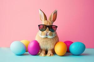 A rabbit wearing a sunglasses emerges from the big egg with beautiful colorful shells on a flat color background. photo