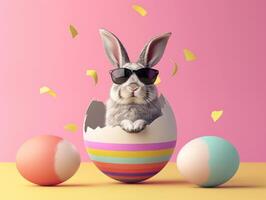 A rabbit wearing a sunglasses emerges from the big egg with beautiful colorful shells on a flat color background. photo