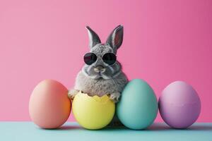A rabbit wearing a sunglasses emerges from the big egg with beautiful colorful shells on a flat color background. photo