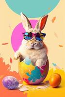 A rabbit wearing a sunglasses emerges from the big egg with beautiful colorful shells on a flat color background. photo