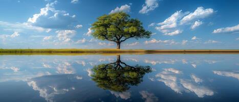 Big tree that perfectly reflect in the massive river against the blue cloudy sky photo