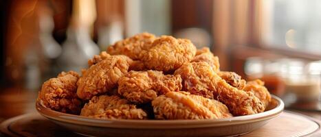 Top view of fried chicken in a plate on wooden table for wallpaper or banner photo