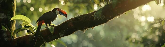 A Tucan perching on a branch of a tree on rainforest background with natural sunlight for wallpaper or banner photo