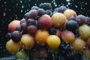 A fresh fruits or vegetables with water droplets creating a splash advertising food photography photo
