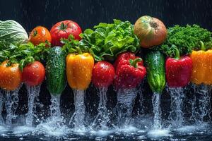 A fresh fruits or vegetables with water droplets creating a splash advertising food photography photo