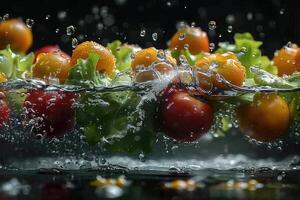 A fresh fruits or vegetables with water droplets creating a splash advertising food photography photo