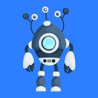 Cartoon robot illustration featuring multiple antennae with eyes, a circular face screen, claw hands, and a sleek blue and white design on a blue background. vector