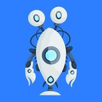 Cartoon illustration of a futuristic robot featuring an oval body, large antennae, claw hands, and a blue and white color scheme on a blue background. vector