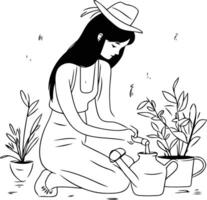 Gardening concept. Girl watering plants in sketch style. vector