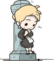 Boy thinking in front of the monument of a boy thinking. vector