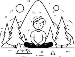 Man meditating in lotus position in mountains. vector