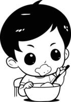 Boy eating with spoon and bowl isolated on white background. vector