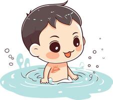Cute little boy bathes in the pool. vector