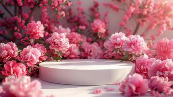 Empty white podium on peony flower garden background with warm morning light for product presentation photo