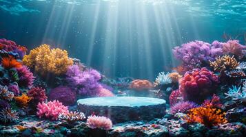 empty white podium underwater on colorful corals background with volume rays and caustics for product presentation photo
