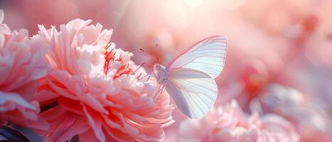 white butterfly sitting on peony flower in the garden on soft pinkgold background with round bokeh, spring season photo