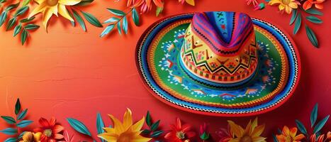 Colorful mexican hats or sombreros on red orange gradient background with colorful flowers, cinco de mayo festival theme photo