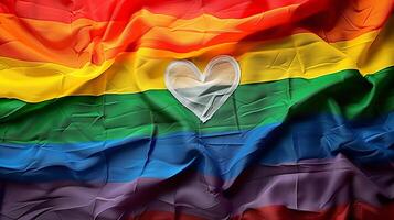 Rainbow flag with white heart in the middle, pride month celetration, love wins photo