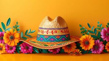 Colorful mexican hats or sombreros on bright saturated yellow background with colorful flowers, cinco de mayo festival theme photo