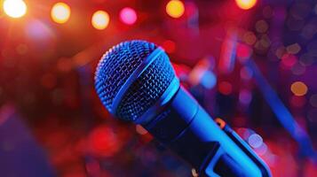 Modern professional microphone in a recording studio. Close up of microphone on stage with purple light. photo