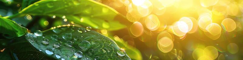 Beautiful water drops sparkle in sun on leaf in sunlight, macro. Droplet of morning dew outdoor, beautiful round bokeh. Purity of nature. photo