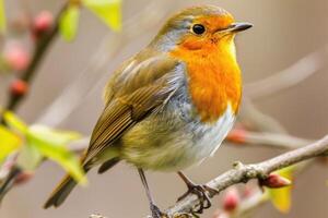 European robin perched on a branch in spring nature photo