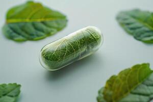 Green leave in capsule. Natural vitamin pills. Alternative medicine. photo