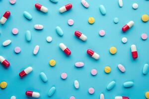 Assorted colorful medication pills close-up photo