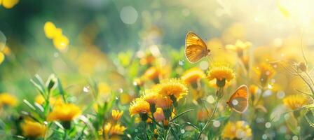 Butterflies on wild yellow flowers in sunlight photo