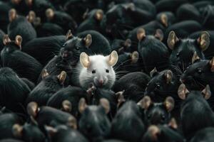 White mouse in a large group of black rodents photo