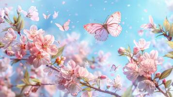 Branches of blossoming cherry against background of blue sky and fluttering butterflies in spring. Pink sakura flowers of spring nature. photo