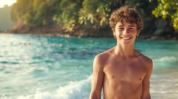 A smiling shirtless teenage boy on the tropical island background with copy space area, beautiful summer beach and turquoise sea photo