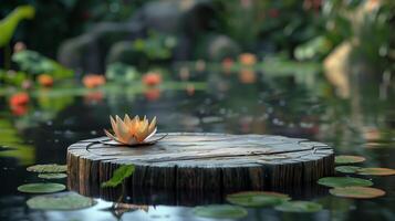 wooden podium on the lotus pond with natural green background for product presentation photo