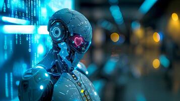 feamale humanoid robot with visible beating pink heart in the eyes, futuristic, cybernetic enhancements, glowing circuits, photo
