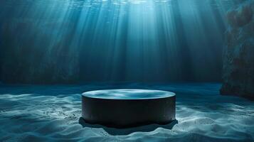 Empty black podium on sand under water with volume light rays for product presentation photo