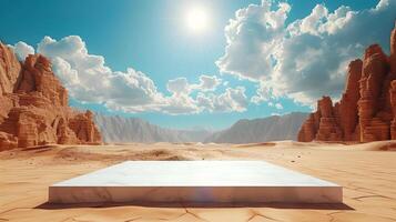 Empty square white marble podium on desert mountain background againts sunny blue sky for product presentation photo
