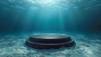 Empty black podium on sand under water with volume light rays for product presentation photo
