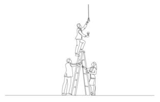 Continuous one line drawing of employees helping colleague climb up ladder to change light bulb, changing business solution for team, new innovation for group concept, single line art. vector